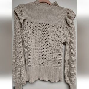 Happy Nature Ruffled Sleeve Crochet Sweater ~ Beige ~ Women's S ~ Indie ~ Retro